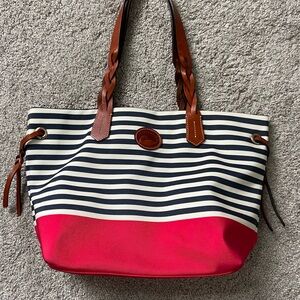 Red, white, and navy blue striped Tote Bag w/leather straps.